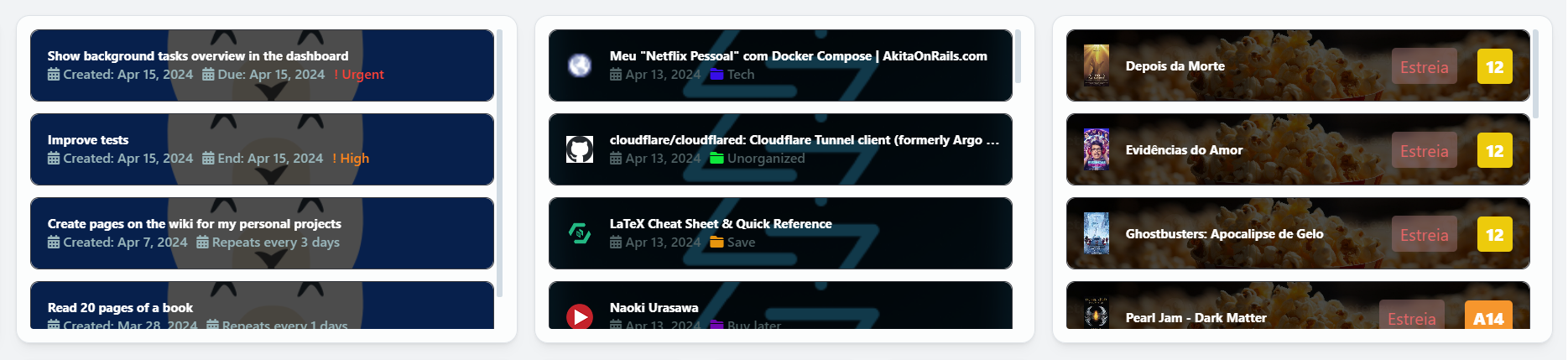 Image of the Vikunja (left), Linkwarden (middle), and Cinemark Brazil (right) iframes on a Homarr dashboard